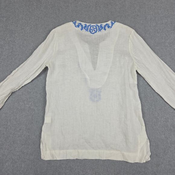 Lilly Pulitzer Small 100% Linen White Tunic Blue Embroidery V Neck 3/4 Sleeve - Picture 5 of 12